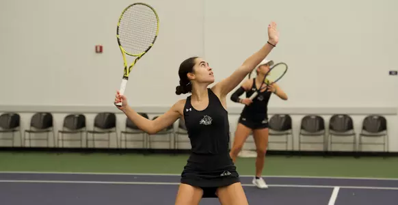 Eva Arranz practices her serve during a match versus New Mexico State on Jan. 26 at the Judi and Cecil Eager Tennis Pavilion.