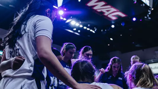 The ACU women's basketball team huddles against Utah Valley in the WAC Tournament at Orleans Arena on March 13, 2025.