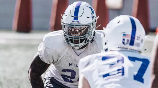 Bryce Morton lines up for a drill at the first spring practice of 2025