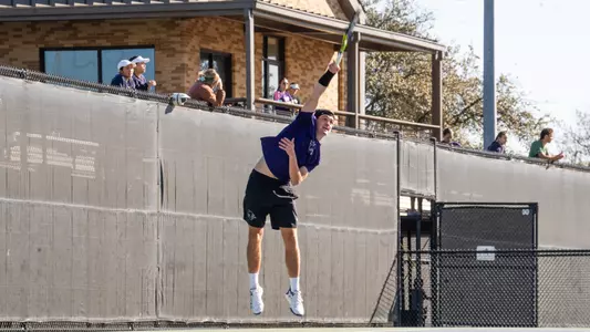 Tomas Tischner serves the ball in ACU men's tennis' matchup with Texas A&M-Texarkana at the Judi and Cecil Eager Tennis Pavilion on March 1, 2025.