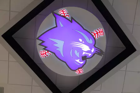 ACU Wildcat Head and baseball on the ceiling of the McCaleb and Miller Team Room.