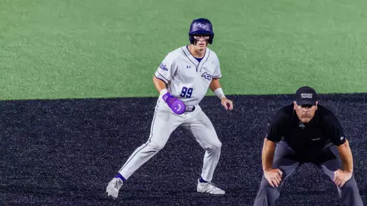 Maddox Miesse leads off the bag in ACU baseball's 11-0 loss to Tarleton State at Crutcher Scott Field at Bullock Brothers Ballpark on May 9, 2025.