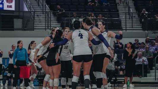 ACU celebrates a point in a 3-1 win over Missouri State at Moody Coliseum on Aug. 29, 2025.