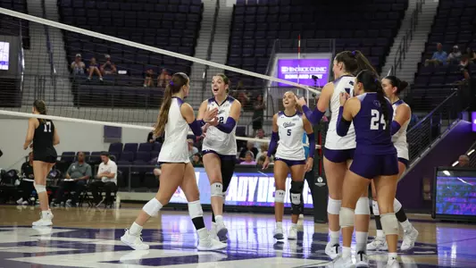 ACU volleyball players huddle in a 3-0 win over Northwestern State at Moody Coliseum on Sept. 3, 2025.