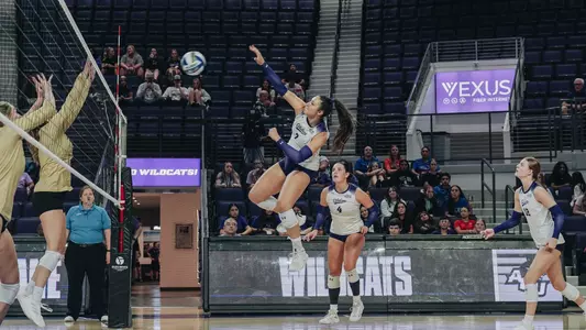 Hannah Gonzalez sends a ball over the net in ACU's 3-0 loss to Tulsa at Moody Coliseum on Sept. 15, 2025.