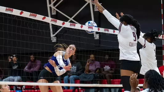 Annaleise Sevier delivers an attack in a 3-0 win over Texas Southern in Beaumont, Texas on Sept. 19, 2025.