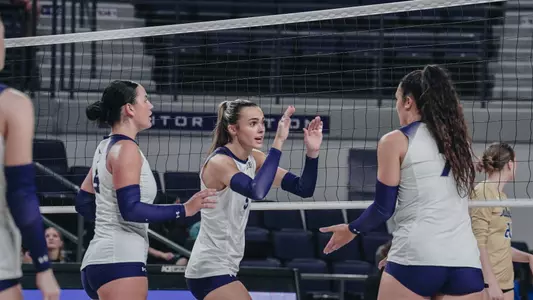 ACU volleyball huddles up in a 3-0 loss to Tulsa at Moody Coliseum on Sept. 15, 2025.