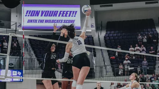 Aubrey Beaver delivers an attack in ACU's 3-1 win over Stephen F. Austin at Moody Coliseum on Sept. 19, 2026.