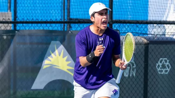 Luis Jose Nakamine shouts in excitement during the 2026 ASUN Team Men's Tennis Tournament