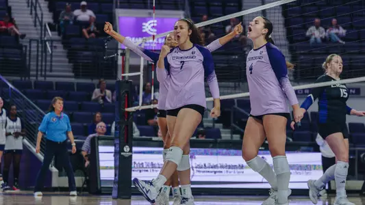 Hannah Gonzalez celebrates a point in ACU's 3-1 win over North Alabama at Moody Coliseum on Oct. 22, 2026.