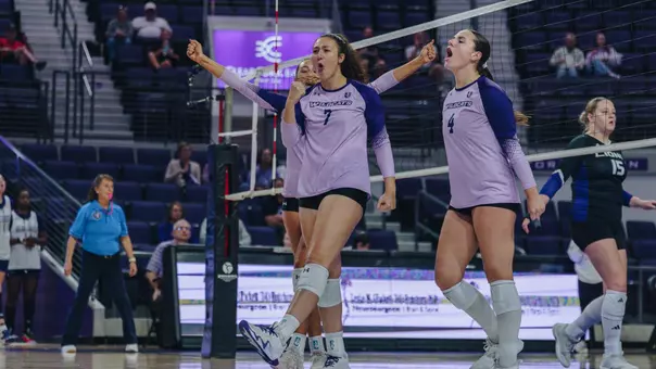 Hannah Gonzalez celebrates a point in ACU's 3-1 win over North Alabama at Moody Coliseum on Oct. 22, 2026.
