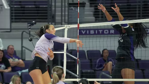 Alyssa Todd delivers an attack in ACU's 3-1 win over North Alabama at Moody Coliseum on Oct. 22, 2026.