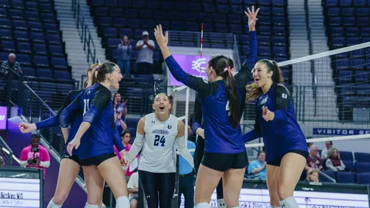 ACU volleyball celebrates a point in its 3-1 win over Little Rock at Moody Coliseum on Oct. 3, 2026.