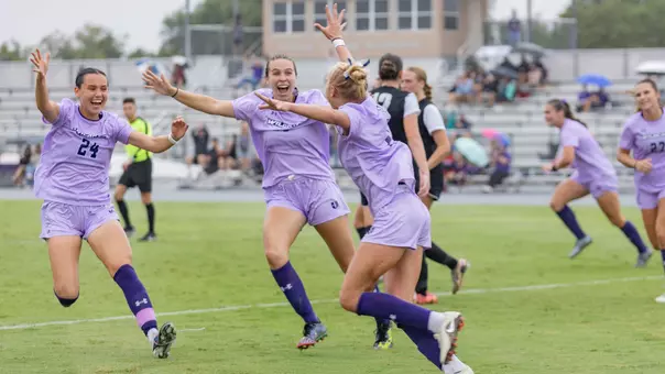 Addison Briscoe celebrates with her team after scoring a goal against Central Arkansas on Oct. 4, 2026.