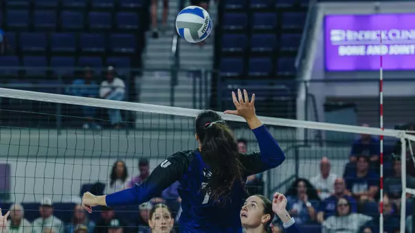 Hannah Gonzalez delivers an attack in ACU's 3-1 win over Little Rock at Moody Coliseum on Oct. 3, 2026.