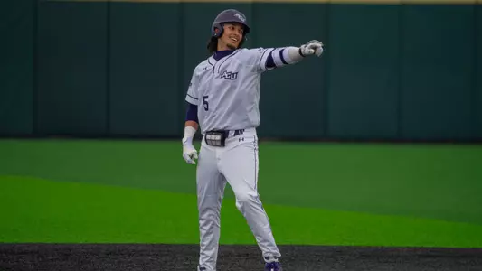 Nick Arias celebrates a double in ACU's 7-1 win over St. Thomas at Crutcher Scott Field at Bullock Brothers Ballpark on Feb. 13, 2026.