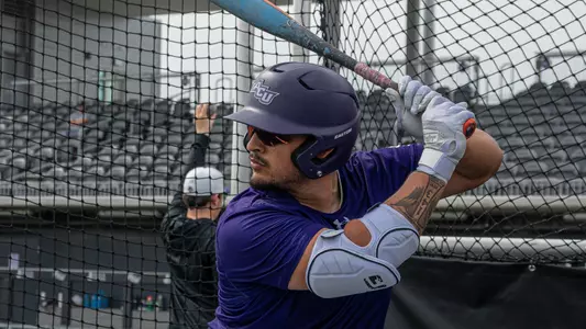 Diego Cardenas takes batting practice ahead of ACU's matchup versus St. Thomas at Crutcher Scott Field at Bullock Brothers Ballpark on Feb. 13, 2026.