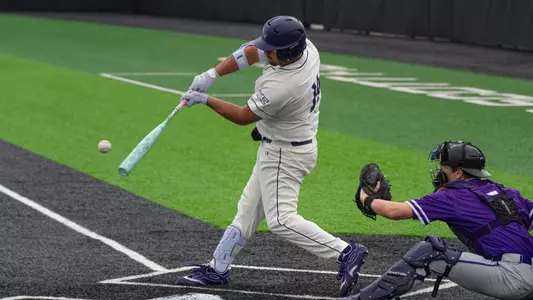 Diego Cardenas swings at a pitch in ACU's series versus St. Thomas at Crutcher Scott Field at Bullock Brothers Ballpark on Feb. 13-15, 2026.
