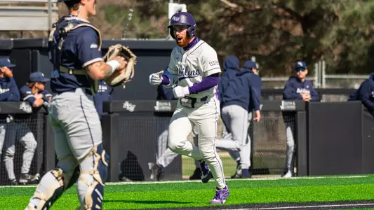 Zandt Payne celebrates a home run in ACU's 12-3 win over Oral Roberts at Crutcher Scott Field at Bullock Brothers Ballpark on Feb. 21, 2026.