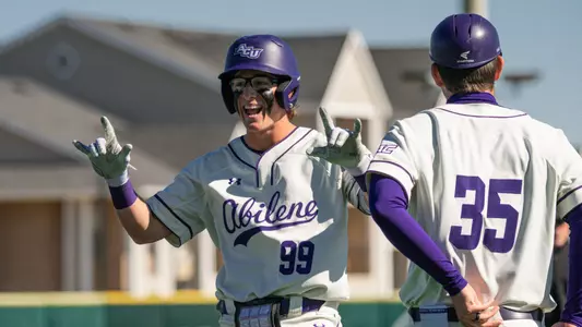 Maddox Miesse celebrates after reaching first base in ACU's 12-3 win over Oral Roberts at Crutcher Scott Field at Bullock Brothers Ballpark on Feb. 21, 2026.