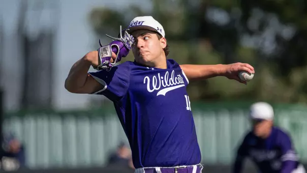 Baron Mannis delivers a pitch in ACU's 8-7 win over Oral Roberts at Crutcher Scott Field at Bullock Brothers Ballpark on Feb. 22, 2026.