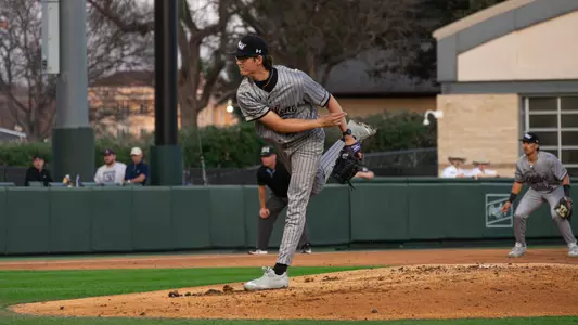 Logan Young delivers a pitch in ACU's matchup with TCU in Fort Worth, Texas on March 3, 2026.