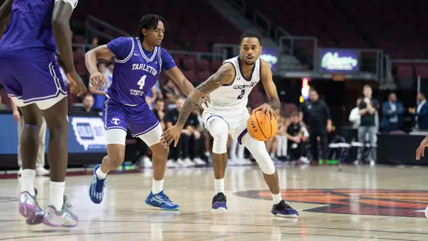 Yaniel Rivera dribbles against Tarleton State in the opening round of the 2026 WAC Basketball Tournament on March 11, 2026
