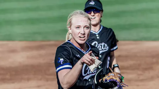 Leah Meyer runs off the field and celebrates with teammates during a game against Syracuse at the Bevo Classic on February 13, 2026