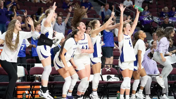 ACU's bench celebrates during its 70-50 win over UT Arlington at the WAC Tournament in Las Vegas on March 13, 2026.