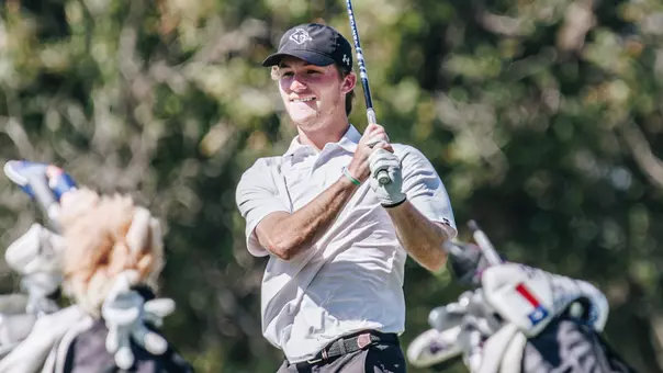 Tres Hill watches his ball at an ACU men's golf practice in Abilene, Texas on Sept. 11, 2025.