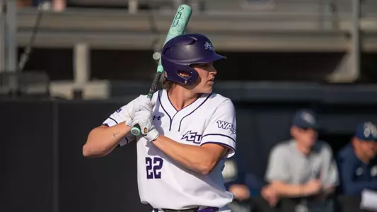 Brady Ladusau awaits a pitch in ACU's matchup with Oral Roberts at Crutcher Scott Field at Bullock Brothers Ballpark on Feb. 20, 2026.