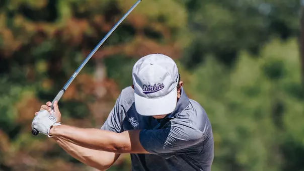 Jack Hollingsed takes a swing at an ACU men's golf practice in Abilene, Texas on Sept. 11, 2025.