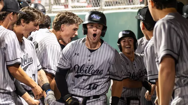 Brady Gray celebrates a home run in the dugout in ACU's 12-5 win over New Mexico in Albuquerque, N.M. on March 20, 2026.
