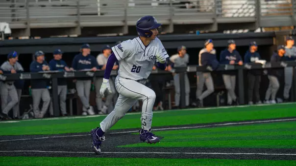 Gavin Brzozowski runs to first base in ACU's matchup with Oral Roberts at Crutcher Scott Field at Bullock Brothers Ballpark on Feb. 20, 2026.