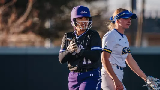 Erianna Garcia reacts after reaching second base against South Dakota State on Feb. 11, 2026