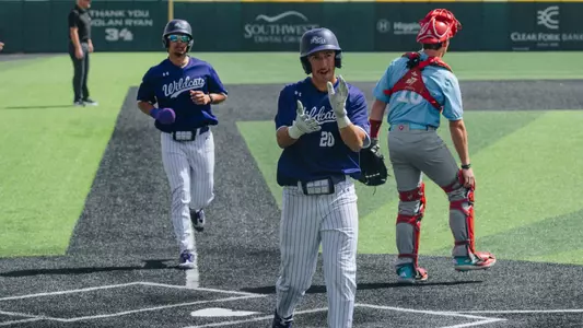 Gavin Brzozowski celebrates crossing home plate during an ACU game vs Loyola Marymount on March 15, 2026