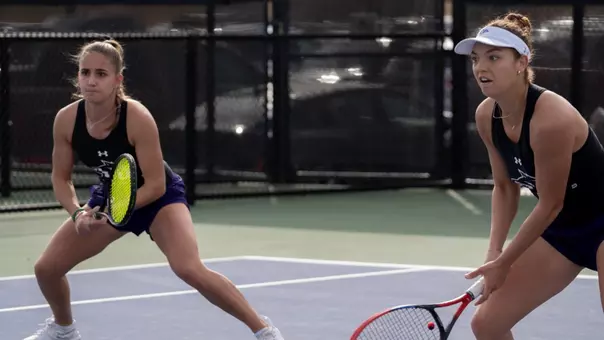 Maria Cascos and Masha Vrsalovic play doubles during a match vs. McNeese on February 9, 2026