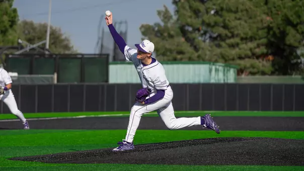 Evan Whiteaker delivers a pitch during ACU's matchup with Oral Roberts at Crutcher Scott Field at Bullock Brothers Ballpark on Feb. 20, 2026.