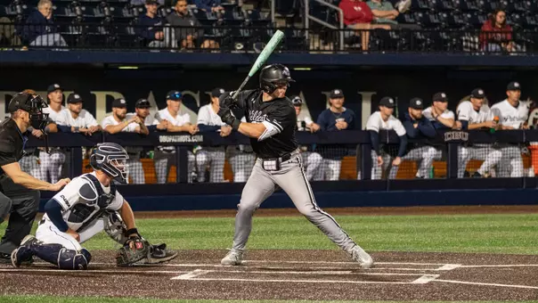 Brady Gray prepares to swing in ACU's matchup with Dallas Baptist in Dallas on Feb. 17, 2026.