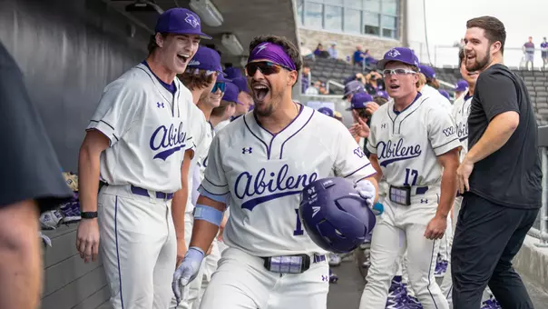 Diego Cardenas celebrates a home run in the dugout in ACU's series versus St. Thomas at Crutcher Scott Field at Bullock Brothers Ballpark on Feb. 13-15, 2026.