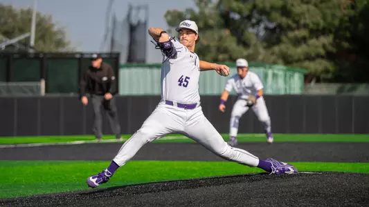 Brett Lanman delivers a pitch in ACU's matchup with Oral Roberts at Crutcher Scott Field at Bullock Brothers Ballpark on Feb. 20, 2026.