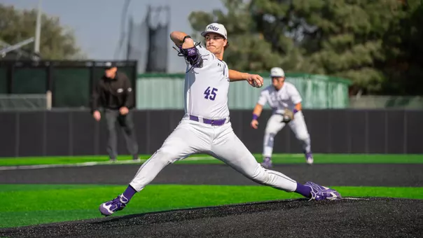 Brett Lanman delivers a pitch in ACU's matchup with Oral Roberts at Crutcher Scott Field at Bullock Brothers Ballpark on Feb. 20, 2026.