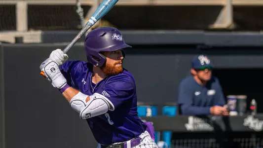 Zandt Payne prepares to swing in ACU's 8-7 win over Oral Roberts at Crutcher Scott Field at Bullock Brothers Ballpark on Feb. 22, 2026.