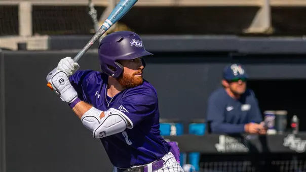 Zandt Payne prepares to swing in ACU's 8-7 win over Oral Roberts at Crutcher Scott Field at Bullock Brothers Ballpark on Feb. 22, 2026.