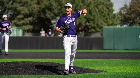 Carson Wallace celebrates after ACU's 4-1 win over Rice at Crutcher Scott Field at Bullock Brothers Ballpark on March 8, 2026.
