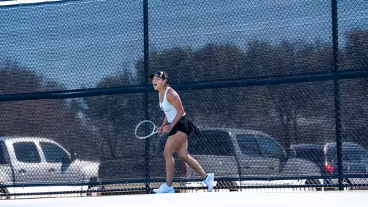 Masha Vrsalovic celebrates after winning a point against her opponent in a match against Texas State on Feb. 15, 2026.