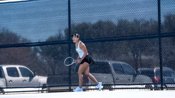 Masha Vrsalovic celebrates after winning a point against her opponent in a match against Texas State on Feb. 15, 2026.