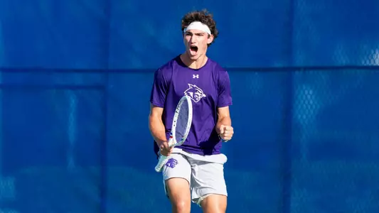Dennis Dutine celebrates during the opening round of the ASUN Men's Tennis Championship in Fort Myers, Fla., on April 14, 2026