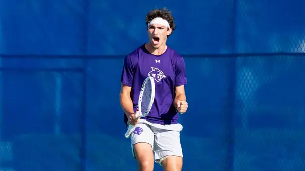 Dennis Dutine celebrates during the opening round of the ASUN Men's Tennis Championship in Fort Myers, Fla., on April 14, 2026
