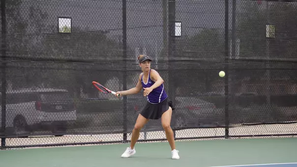 Masha Vrsalovic hits the ball toward her opponent in the semifinals of the WAC tennis tournament on April 17, 2026.